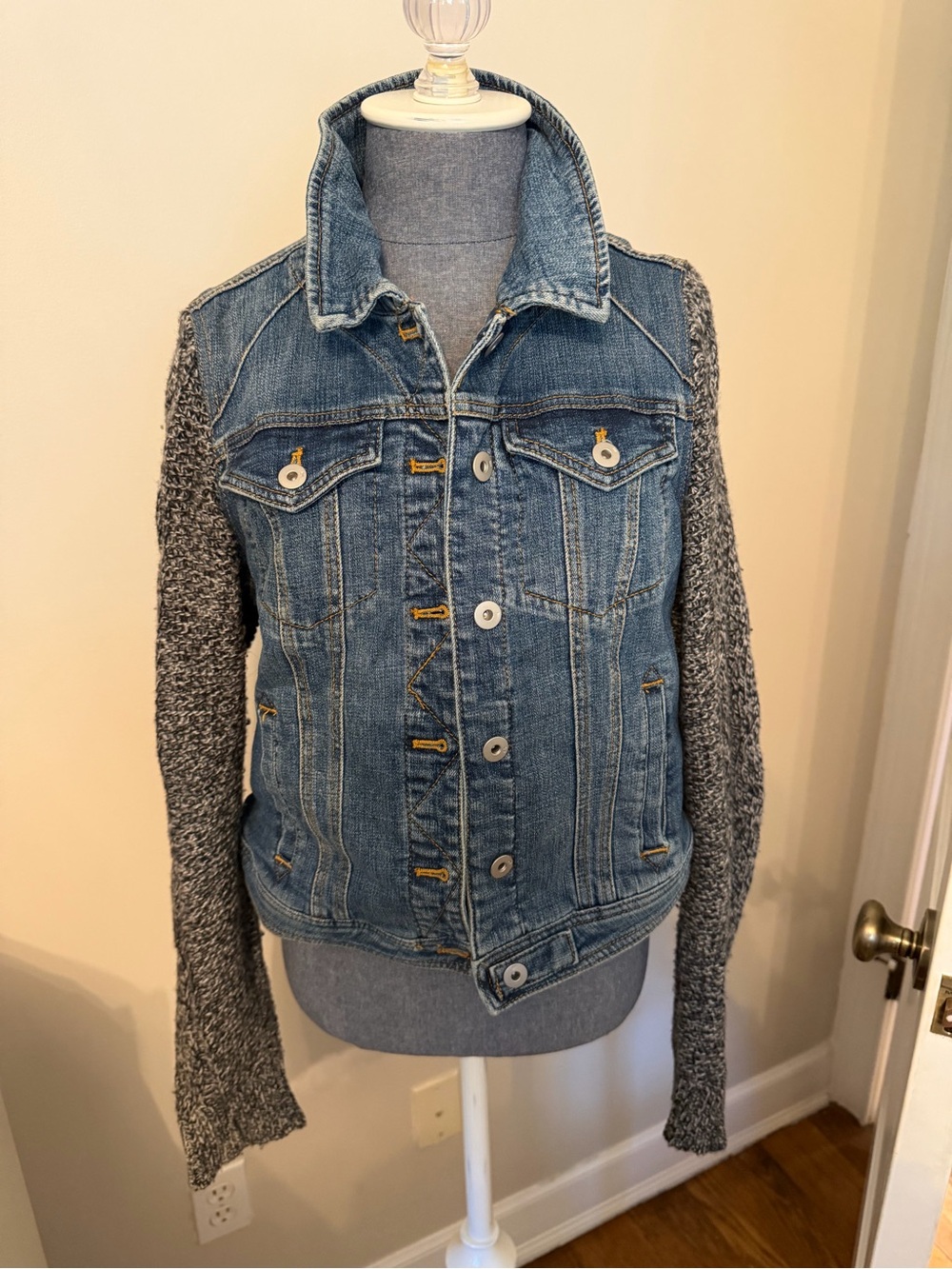 Pilcro and the Letterpress Blue Denim Jacket with Gray Knit Sleeves
